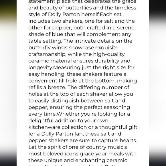 Dolly Parton Ceramic Butterfly Salt & Pepper Shakers - Picture 5 of 7